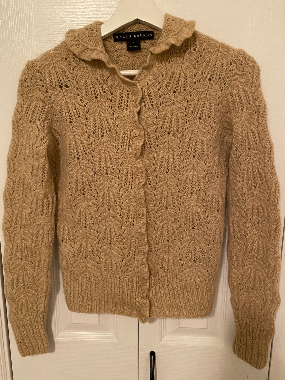 Ralph Lauren Black Label Merino Cashmere Lacy Button Cardigan Ruffle Collar Sz S